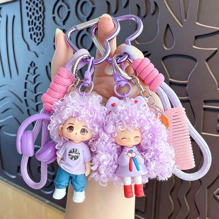 Cartoon Curly Hair Doll Keychain Pendant Cool Couple Character Charm Cute Bag Hanging Chain Creative Small Gift 1pc/2pcs,Purse Charms