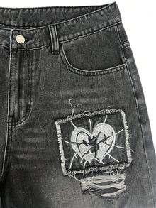 Men's Dark Grey Acid Wash Spider Web Broken Heart Patch Embroidered Distressed Ripped Loose Wide Leg Jeans - Dark Grey - View 8