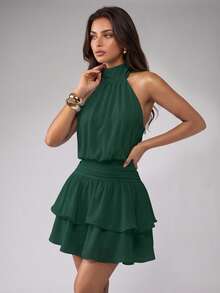 Elegant Fashion Halter Neck Backless Layered Ruffle Mini Dress - Wedding Party Fall - Dark Green - View 6
