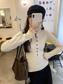 Women's Ribbed Henley Neck T-Shirt, Autumn Long Sleeve Polyester Button-Up Top, Warm Thermal Lined Regular Fit Mid-Stretch Long Sleeve T-Shirt - Apricot - View 3