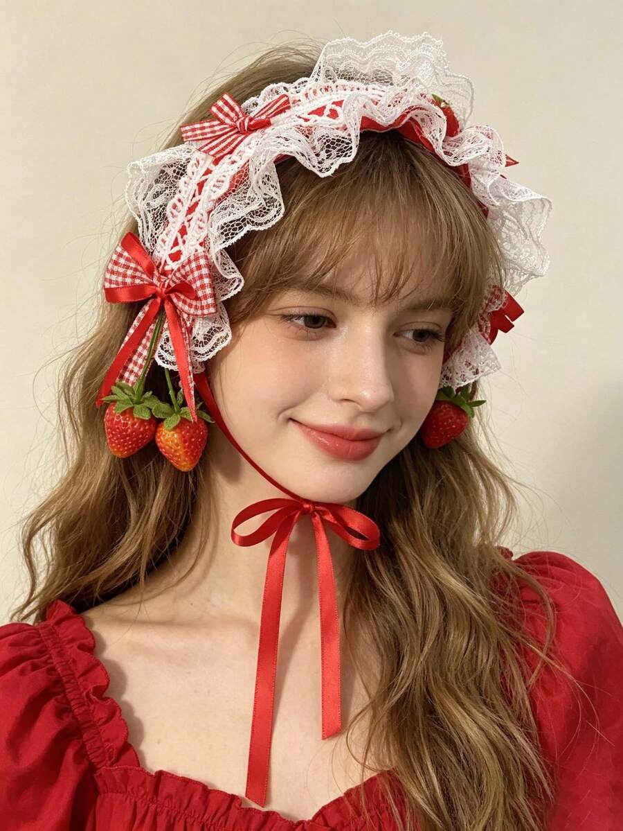 1 buah Jepit Rambut Wanita Motif Kotak-kotak Stroberi Manis dengan Pita Renda Bergelombang, Aksesori Rambut untuk Suasana Fotografi Gaya Lolita Girl - MultiWarna - View 1