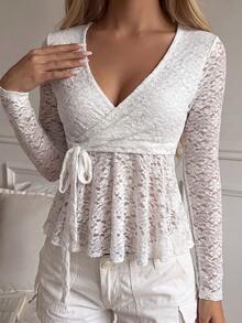 SCARLUX Women's Y2K Lace Top, Floral Lace, Fitted V-Neck Side Tie Ruffle Top, Suitable For Back To School, Streetwear, Daily Commute - White - View 5