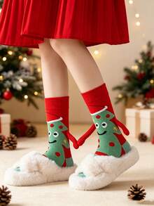 1/2 đôi tất cổ trung bình hoạt hình Giáng Sinh sáng tạo nắm tay, thiết kế vui nhộn Ông già Noel & Cây thông Noel, tất lễ hội đa năng cho quà tặng tiệc mùa Thu/Đông - Nhiều màu - Xem 7