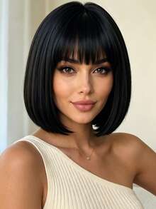 12 Inch Black Air Bangs Wig, Natural Style, Soft Hair, Suitable For Daily Wear And Party Events, Halloween - Black - View 4