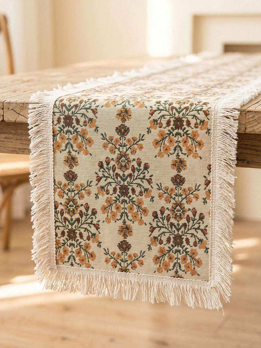 1pc Golden Sunflower Pattern Table Runner, Vintage Country Style Woven Fabric, Long Rectangular Shape With White Tassel Edge Detail, Decorative Functional Table Runner For Autumn Dining Table Decor And Country Home Decor - Yellow - View 1