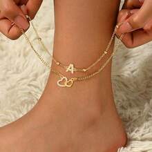 2Pcs/Set New Classic Initial Double Heart Anklet Gold Color Stainless Steel Chain Layered Anklets For Women - Yellow Gold - View 1