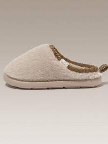 Sandal Selop Wanita Musim Dingin Modis Bahan Suede, Sandal Kamar Tidur Minimalis Warna Polos Tebal dan Mewah untuk Pasangan - Krem - View 7