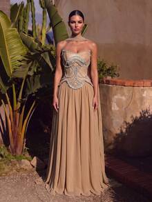 LUVISTRUE Women's Elegant Charming Romantic Formal Evening Gown, Backless Strapless Beaded Zipper Design, Cocktail Party Gala Graduation Dress - Champagne - View 6