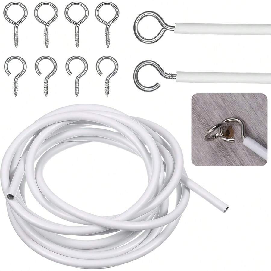 1 Set 2.5/4/5/6m Practical Shower Curtain/Window Curtain Strong Spring Tension Rope, Cuttable Steel Wire Hanging Rope, Includes Pull Rope, Grommets, Question Mark Hooks, Suitable For Home Indoor/Outdoor Laundry, Shower Curtains, Window Curtains, Hanging Curtains, Nets And Lightweight Materials