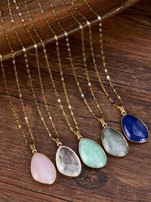 1pc Exquisite Natural Stone Pendant Necklace, Fashionable Gold Stainless Steel Chain, Celestite & Lapis Lazuli Pendant Choker - Multicolor - View 2
