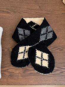 1PC Women's Casual Retro Colorblock Diamond Pattern Knitted Scarf, Versatile Warm Neck Warmer - Multicolor - View 6