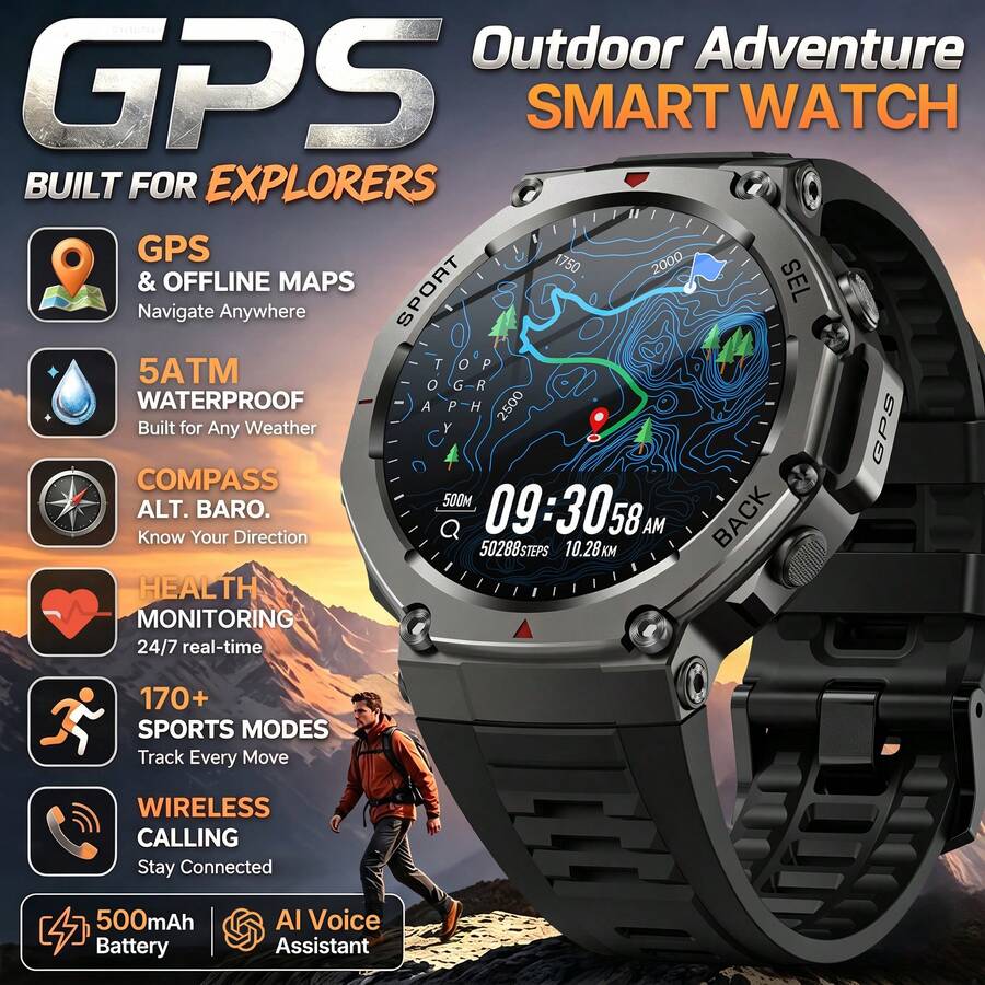 KENPANG GPS Positioning Outdoor Sport Smart Watch For Men, Built-In Compass Altimeter Barometer, 170+ Sport Modes, 5ATM Waterproof Swimming, Wireless Call & Notifications, Men's Fitness Tracker, 1.43-Inch AMOLED Full Touch Screen, Compatible With IOS Android