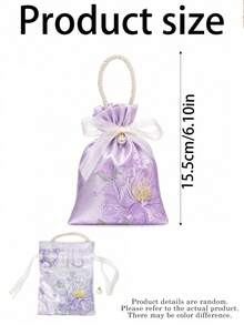 Purple Satin Drawstring Gift Bag, Printed Pattern, Transparent Organza Bow, Pearl Decoration, Twisted Rope Handle, Elegant Reusable Party Favor Bag, Suitable For Wedding Reception, Bridal Shower, Birthday Party, Anniversary, Gift Wrapping And Event Table Decor - Multicolor - View 9