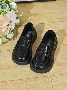 Girls' Black Minimalist Loafers, Spring/Autumn New Thick Sole Slip-On Anti-Slip Versatile School Shoes - Black - View 5
