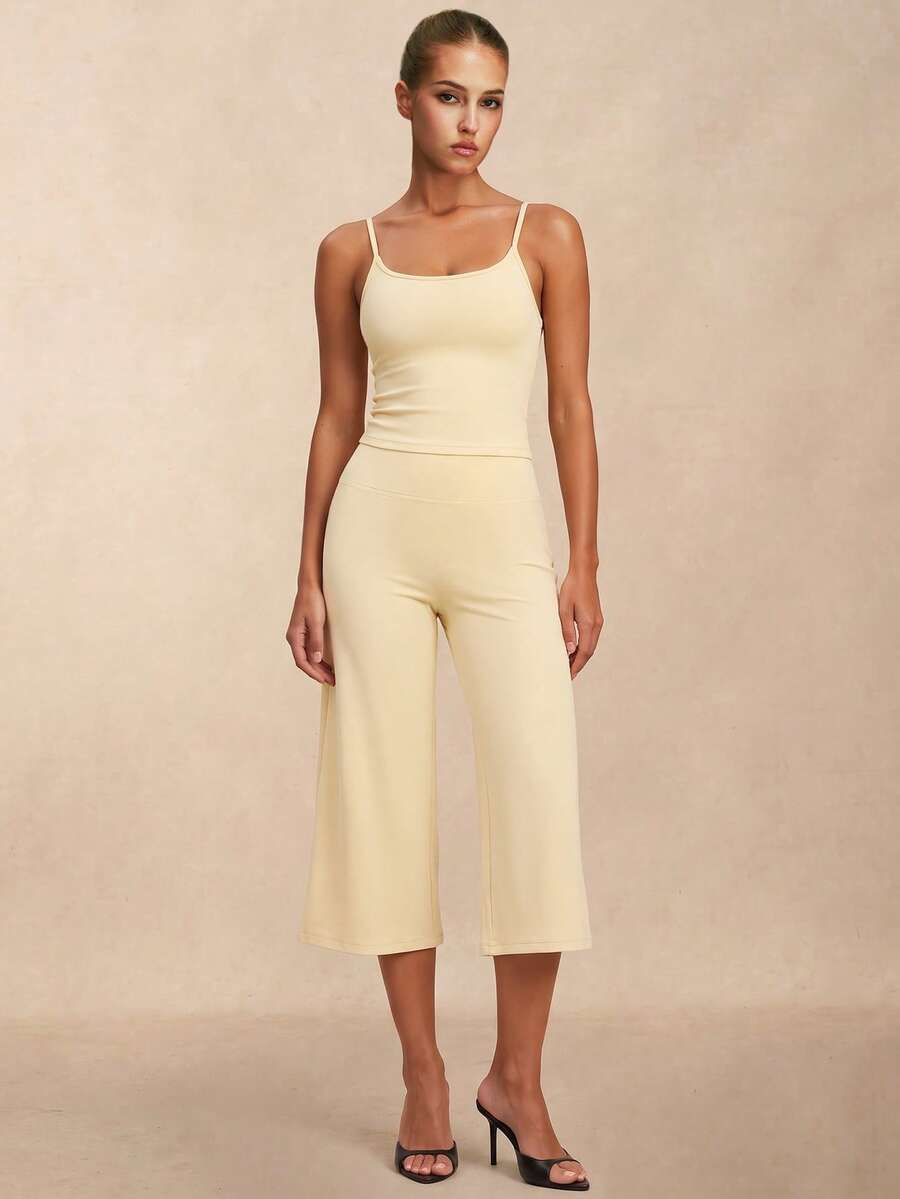 VVX Capris Legging Two Pieces Set For Women Slim Fit With Side Pleat Design, Casual And Slimming Sports Yoga Outfit - Light Yellow - View 1
