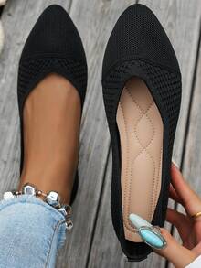 Women's Breathable Knitted Hollow-Out Solid Color Pointed Toe Shallow Vamp Flat Slip-On Shoes, Minimalist Style Spring Summer Commute Soft Sole Knit Shoes - Black - View 1