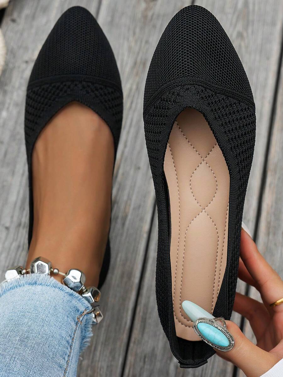 Women's Breathable Knitted Hollow-Out Solid Color Pointed Toe Shallow Vamp Flat Slip-On Shoes, Minimalist Style Spring Summer Commute Soft Sole Knit Shoes - Black - View 1