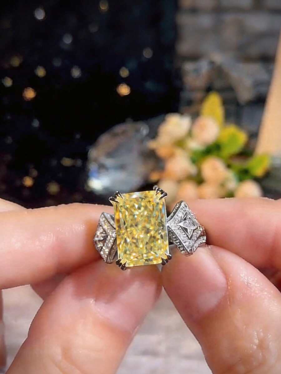 1Pc Women's Rectangular Yellow Cubic Zirconia Ring, Suitable For Wedding, Engagement, Anniversary, Party Wear, Valentine's Day Gift. No Box. - Silver - View 1