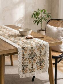 1pc Golden Sunflower Pattern Table Runner, Vintage Country Style Woven Fabric, Long Rectangular Shape With White Tassel Edge Detail, Decorative Functional Table Runner For Autumn Dining Table Decor And Country Home Decor - Yellow - View 9