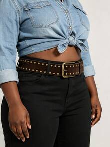 Hershine 1pc Vintage Distressed Gold Rivet Decor Brown Suede Women's Belt, Western Hot Girl Style Faux Suede Material Buckle Belt, Double Row Rivet Cool Design, Vintage Bronze Buckle Faux Suede Texture Belt, Personalized Double Row Rivet Decoration, Flattering Waistline Enhancing Outfit Atmosphere, Versatile Accessory For Jeans And Dresses, Suitable For Spring And Autumn Daily Wear - Brown - View 3