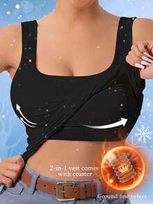 1pc Autumn/Winter Thickened Tank Top, 2-In-1 Built-In Cup Pad Brushed Ribbed Fitted Camisole - Black - View 1