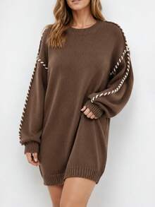 Women's Plus Size Brown Long Ribbed Knit Pullover Sweater, White Stitching Detail, Round Neck Long Drop Shoulder Sleeve Winter Knitwear - Coffee Brown - View 2