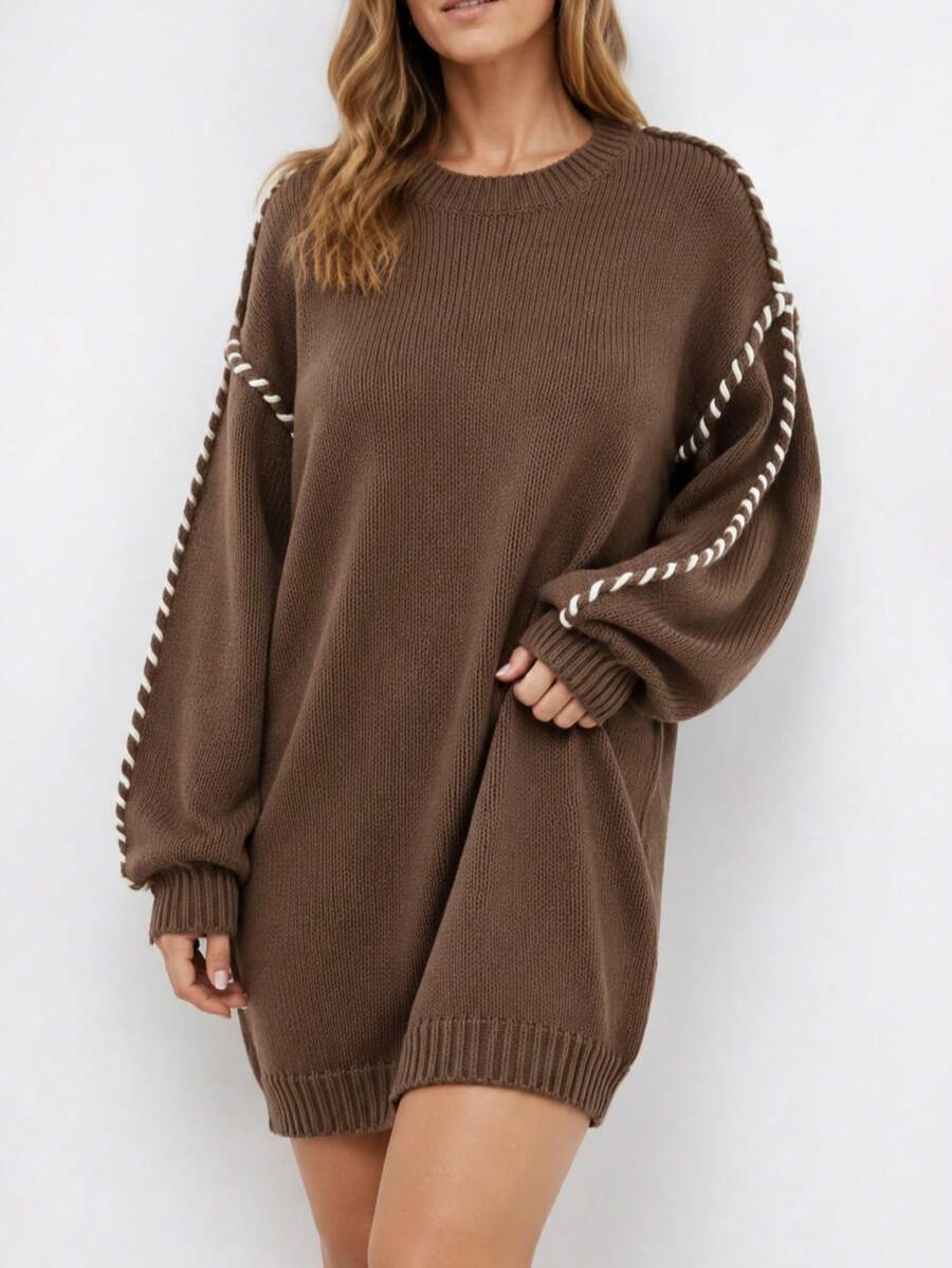 Women's Plus Size Brown Long Ribbed Knit Pullover Sweater, White Stitching Detail, Round Neck Long Drop Shoulder Sleeve Winter Knitwear