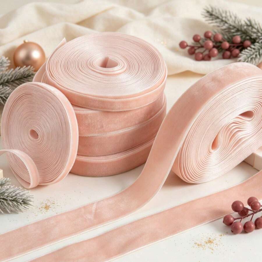 1pc 4.57m Single-Sided Non-Elastic Colorful Flocked Ribbon, Flocked Satin Ribbon, Bow DIY Clothing Christmas Decoration Ribbon (Length Is Manually Measured And May Have Deviation) - Champagne - View 1
