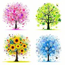 4-Piece All-Season Tree Of Life Cross Stitch Kit 11CT 30*30cm Square Full Material Set Beginner Friendly DIY Handmade Kit Spring Summer Autumn Winter Floral Tree Bee Snowflake Sunflower Print Home Bedroom Living Room Decor Wall Hanging Stress Relief Craft Gift - Multicolor - View 2