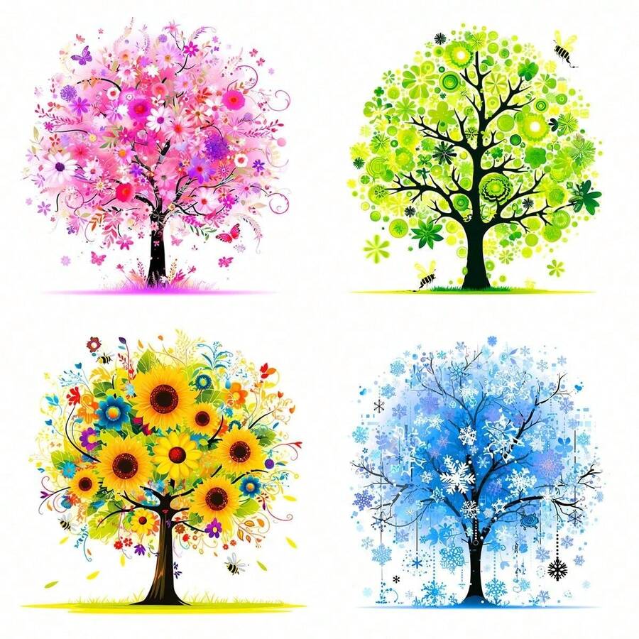 4-Piece All-Season Tree Of Life Cross Stitch Kit 11CT 30*30cm Square Full Material Set Beginner Friendly DIY Handmade Kit Spring Summer Autumn Winter Floral Tree Bee Snowflake Sunflower Print Home Bedroom Living Room Decor Wall Hanging Stress Relief Craft Gift