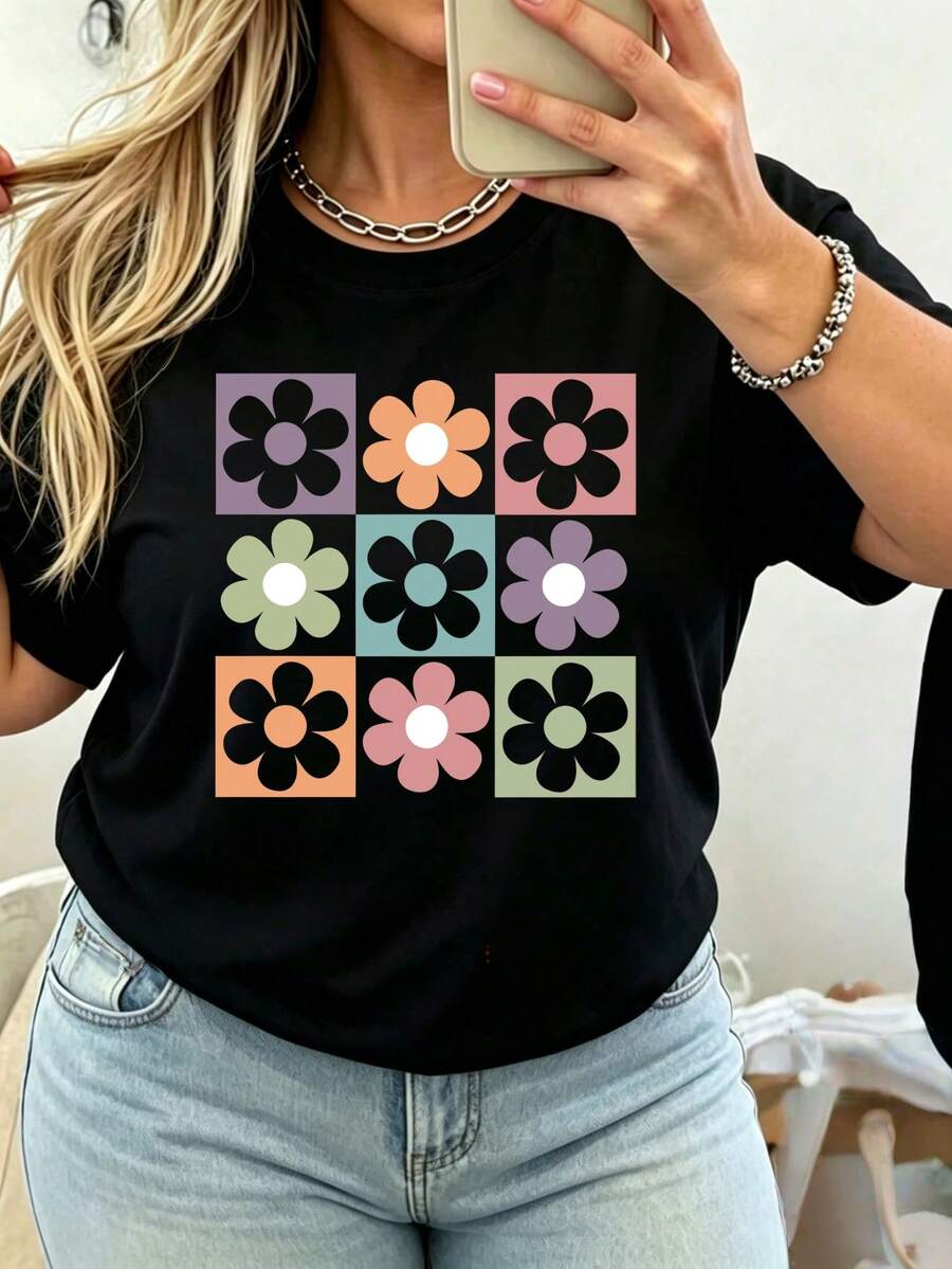 Camiseta de manga corta nueva primavera-verano, gramaje de 220 g. Estampado de dibujos animados, modelo para parejas. - Negro - Ver 1