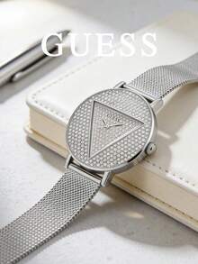 Guess Jam Tangan Quartz Fashion Berkilau untuk Wanita, Casing Bulat Perak, Dial Berlian Imitasi dengan Penanda Jam, Logo Segitiga, Tali Jala Logam, Jam Tangan Fashion Berkilau untuk Acara Malam Hari - Perak - View 3
