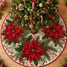 1pc Christmas Flower Pattern Christmas Tree Skirt, Elegant Color Holiday Decor, 5 Sizes, Unisex Holiday Gift, Suitable For Home And Party Christmas Home Decoration - Christmas Flower - View 2