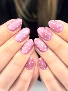 30pcs Y2K Short Oval Cat Eye Press-On Nails, Lotus Pink Nails With Polka Dot Pattern, Acrylic False Nail Set, Includes 1pc Jelly Glue And 1pc Nail File, Crystal Cat Eye Nails - Multicolor - View 1