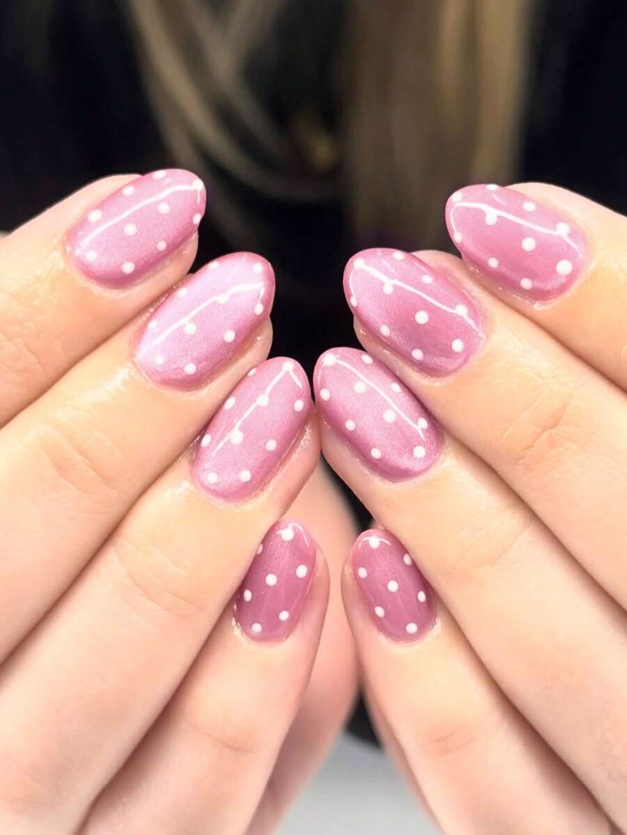 30pcs Y2K Short Oval Cat Eye Press-On Nails, Lotus Pink Nails With Polka Dot Pattern, Acrylic False Nail Set, Includes 1pc Jelly Glue And 1pc Nail File, Crystal Cat Eye Nails - Multicolor - View 1