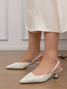 Women's Beige Floral Jacquard Slingback Pumps, Pointed Toe Elastic Back Strap Kitten Heel Sandals, Elegant Daily Commute Dress Shoes - Beige - View 1