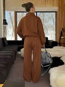 Speed mate Set 2 pcs Ukuran Besar, Sweatshirt Kerah Tinggi dan Celana Panjang Lebar, Pakaian Kasual - Coklat - View 5