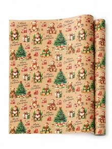 2 Sheets Vintage Christmas Gift Wrapping Paper, Teddy Bear Christmas Tree Pattern, Holiday Gift Wrapping Paper, Suitable For Christmas Party, Gift Box Packaging, Seasonal Decoration - Brown - View 5