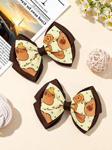 2pcs Capybara Print Woven Ribbon Bow Hair Clips Multi-Layer Cartoon Hair Accessories Suitable For Daily Use - Multicolor - View 6