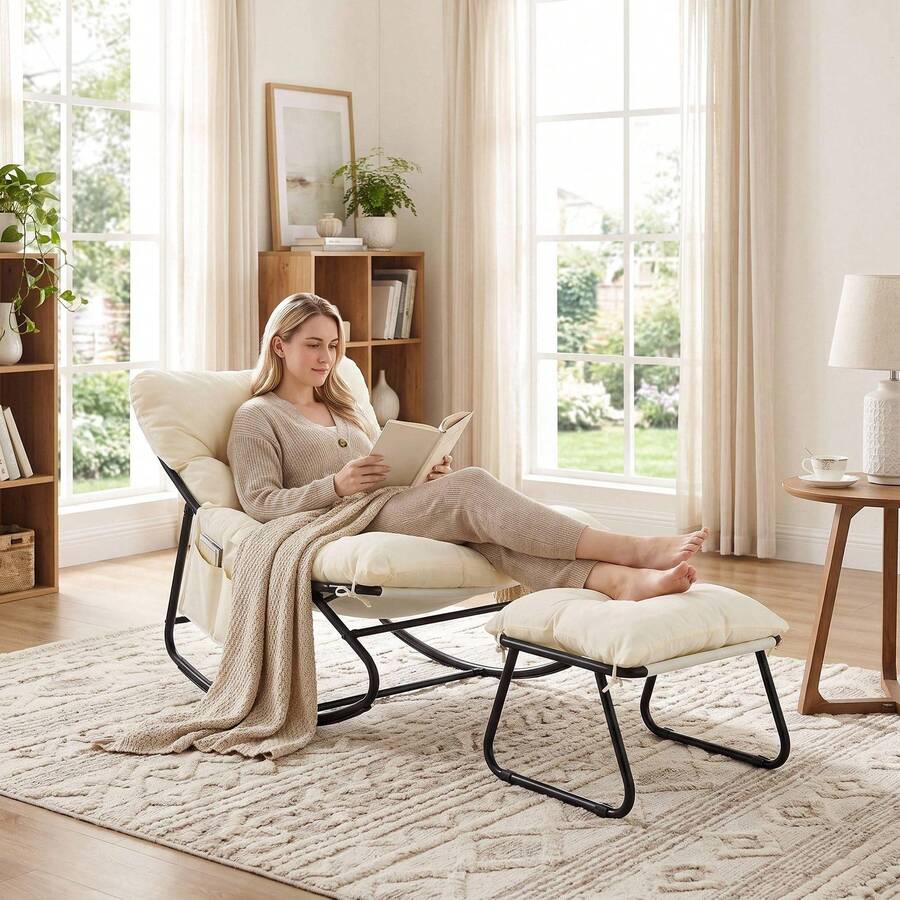 Bestdoor Outdoor Rocking Chair With Stool, Garden Rocking Chair With Cushion Waterproof Covers, Rust-Proof Frame, Non-Slip Feet, Side Pocket, Oversized Rocking Chair With Ottoman For Bedroom/Living Room - Beige - View 1