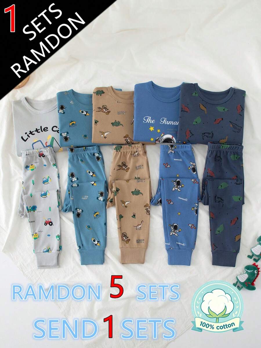 5pcs/1pc Random Boys Cartoon Underwear Set, Cute Printed Medium-Thick Long Sleeve Long Pants Loungewear Set, Printed Autumn Shirt And Pants - Multicolor - View 1