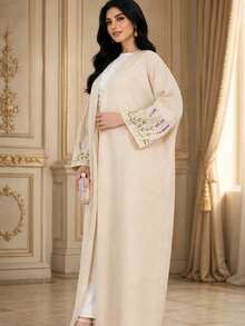 1pc Middle Eastern Elegant Embroidered Cover Up Abaya Women's V-Neck Long Outerwear Robe With Lavender Floral Embroidery Cuffs Loose Cover-Up - Apricot - View 2