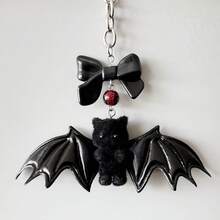 Gothic Bat Bear Keychain, Halloween Black Wing Bag Charm, Cute Bow Pendant, Flocked Material Bag Accessory, Dark Style Phone Charm - Multicolor - View 7