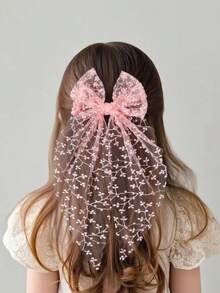 1pc Girls White Lace Embroidered Cute Elegant Long Tail Bow Veil Hair Clip Children Hair Accessory - Multicolor - View 4