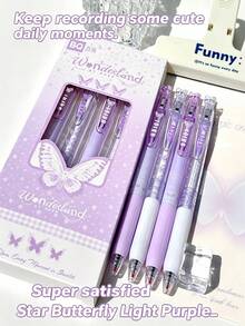 1/4pcs Purple Butterfly Clip Retractable Neutral Pens, Quick-Drying Black Ink Ballpoint Pens, Highly Attractive INS Style Smooth Writing Stationery Set For Exam Prep, Journaling, Office, School, Back To School Gift For Friends - Purple Butterfly - View 4