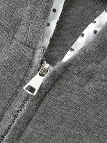 Korean Style Polka Dot Colorblock Patchwork Design Hooded Sweatshirt, Loose Fit Zip-Up Knit Jacket For Women, Early Autumn - Grey - View 5