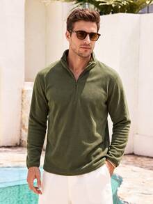 Mercer Haus Men's Solid Color Half-Zip Fleece Jacket, Loose Fit Warm Top For Autumn/Winter - Army Green - View 1