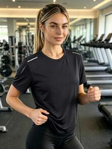 Camiseta deportiva de manga corta para mujer, simple, elástica y transpirable, adecuada para gimnasio, correr y ocio al aire libre, primavera y verano - Negro - Ver 7