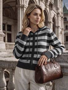 NiceArt Women's Autumn/Winter Striped Vintage Wool Blend Knitted Hooded Cardigan, Zipper Long Sleeve, Autumn Outfit, Office Commute, Social - Grey - View 9