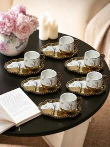 Set Cangkir dan Tatakan Kopi Keramik "Pohon Kehidupan" 6pcs/1pc, Pinggiran Emas, Aman untuk Microwave dan Mesin Pencuci Piring, Termasuk Cangkir Espresso dan Cangkir Kopi Arab, Cocok untuk Teh Sore, Kafe, Dapur, dan Dekorasi Rumah - MultiWarna - View 5